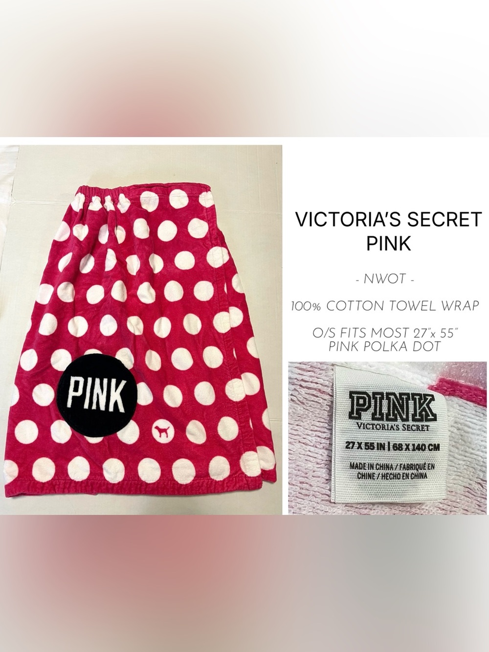 VICTORIA’S SECRET PINK - NWOT - PINK POLKA DOT BATH / SWIM TOWEL WRAP
